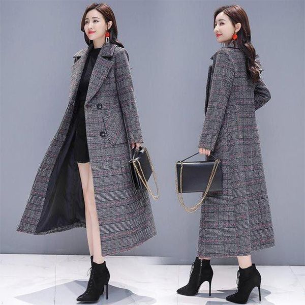 

casual plaid women long wool blend coat double breasted jacket turn-down collar ladies coats, Black