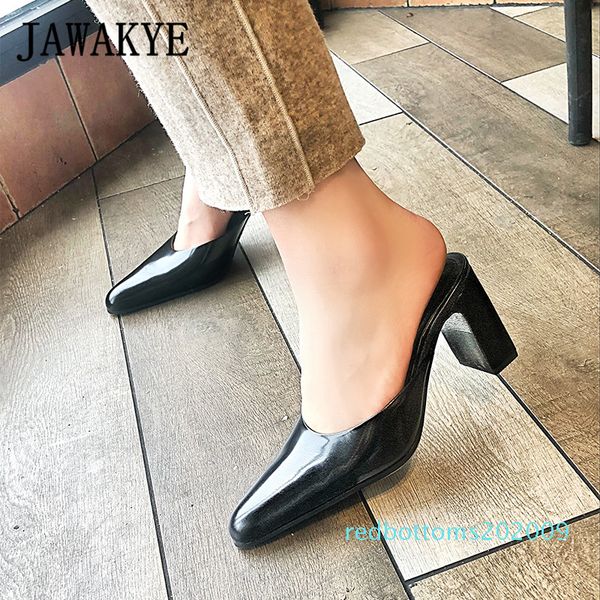 

2019 new arrival white genuine leather square high heel slippers women pointed toe ladies mules outdoor slip on shoes woman r09, Black