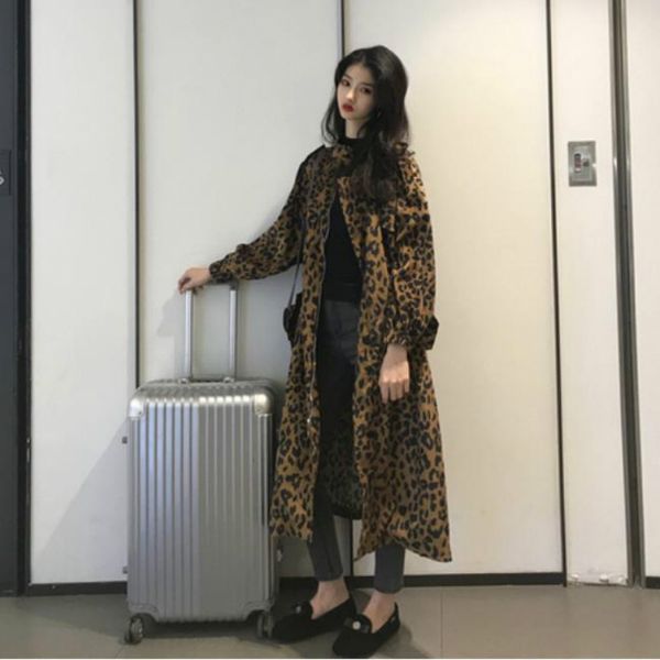 

yasuguoji fashion vintage leopard trench coat for women casual womens trench coats spring and autumn x long coat women, Tan;black