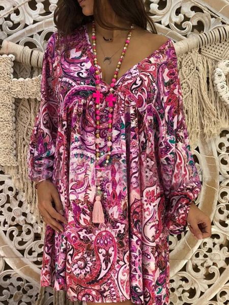 

large v-neck loose long sleeve tribal totem printed dress female, Black;white