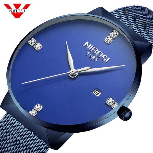 

nibosi mens watches brand luxury blue quartz watch men diamonds slim mesh steel waterproof sport watch relogio masculino, Slivery;brown