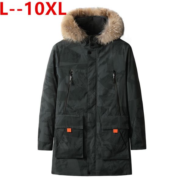 

10xl 8xl men winter faux fur collar long thick cotton parkas jacket coat men hooded pockets outwear windproof jacket parka, Black