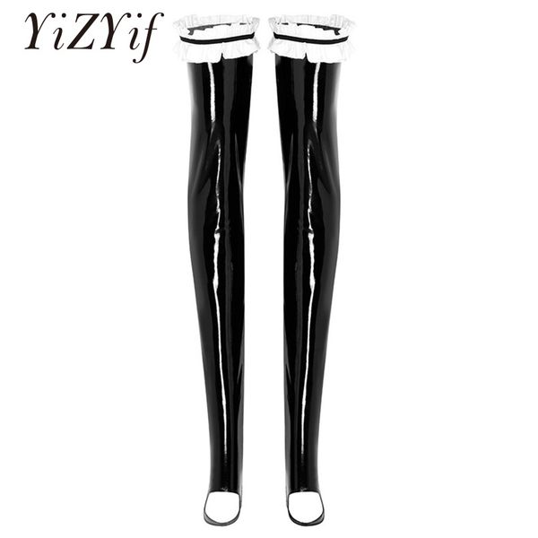 

yizyif women wetlook patent leather stockings shinny thigh high stay up ruffled stockings knee long for women, Black;white