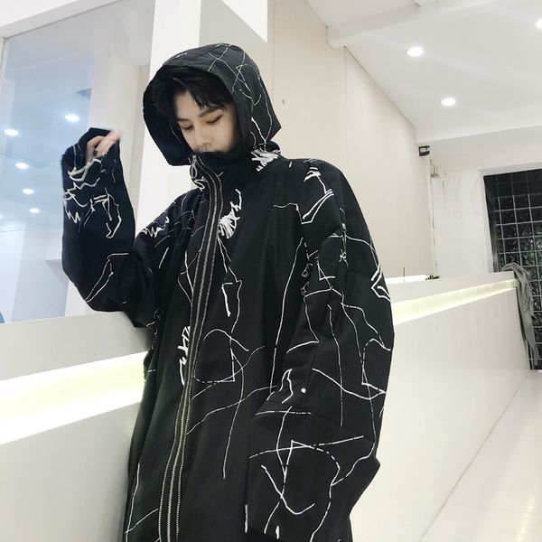 

yasuguoji new 2019 gothic style fashion loose hooded zipper closed oversize trench coat men graffiti printing mens trench coat, Tan;black