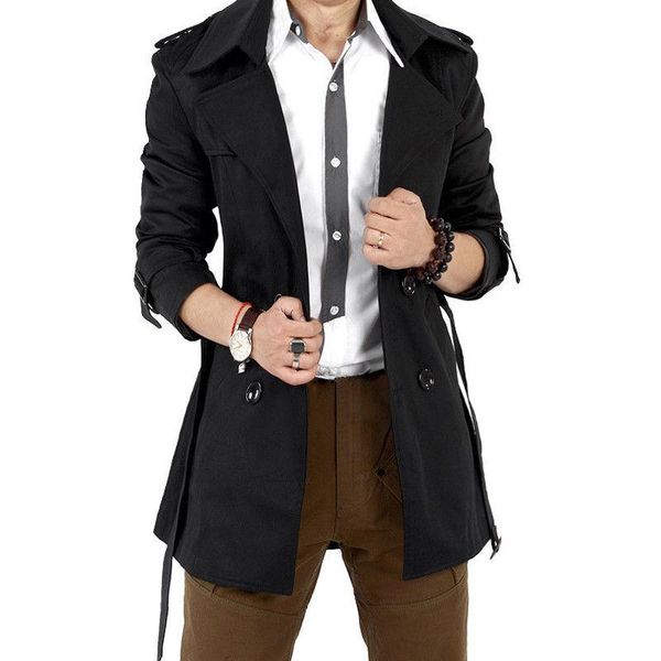 

missky autumn men trench windbreaker long solid color jacket with double-breasted buttons lapel collar coat male clothes 2019, Tan;black