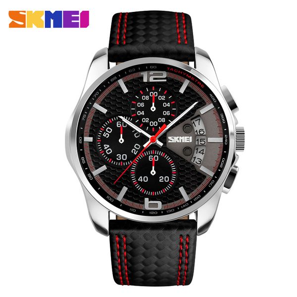 

outdoor sports quartz watch men chronograph leather waterproof wristwatches relogio masculino, Slivery;brown