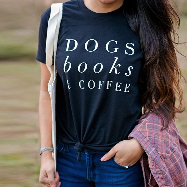 

drop ship fashion clothing o neck stylish tee dogs books scoop neck t shirt tumblr letter dog harajuku coffee lovers camisetas, White