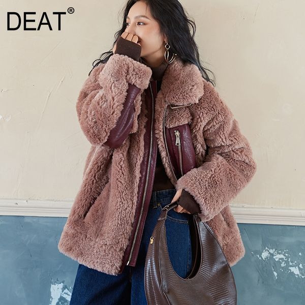 

deat] loose fit lamswool leather spliced warm woolen coat parkas new hooded long sleeve women fashion autumn winter 2019 13e769, Black