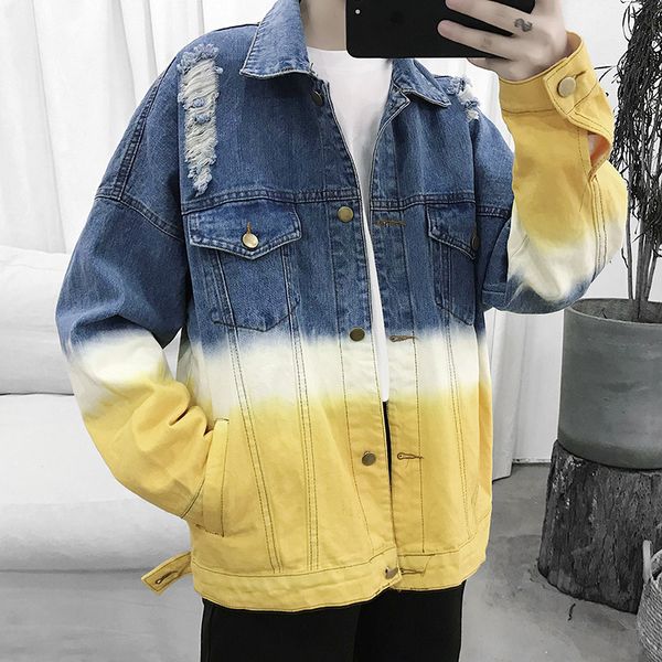 

patchwork denim 2 colors loose fit spliced mixed color hollow out denim jacket new lapel long sleeve man coat f by199, Black;brown