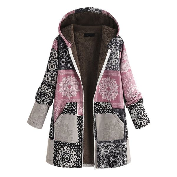 

coat plus size fashion women autumn hooded vintage ethnic print zipper warm fleece sport outdoor sport causal party winter19nov4, Black