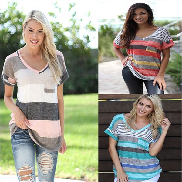 

2020 women's pocket printing striped short sleeve irregular 2020 women's pocket printing t-shirt striped short sleeve t-shirt irre, White