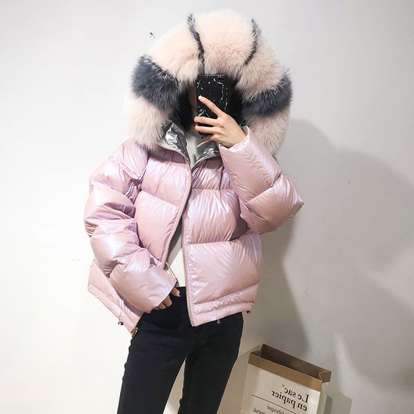 

2019 winter jacket women real fur coat natural fur collar loose short coat sliver white double sided duck down jacket, Black