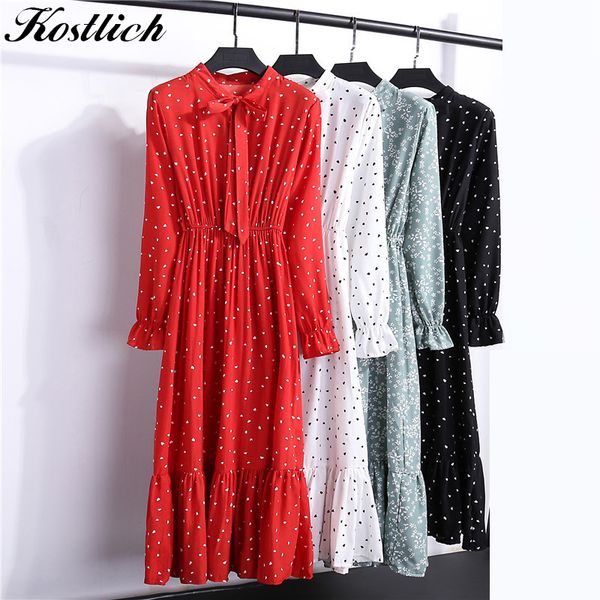 

kostlich summer women's chiffon dress floral print elastic waist long sleeve ruffle elegant dress office casual midi dress mx190725, Black;gray