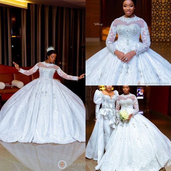 

luxury long sleeve 2020 ball gown wedding dress bridal gowns high neck lace appliqued beaded plus size vestido de novia, White