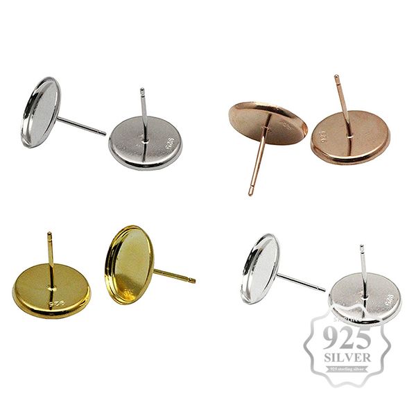 

aiovlo 925 sterling silver earring studs base bezel ,fit 12mm glass cabochons accessories diy jewelry making supplies, Blue;slivery