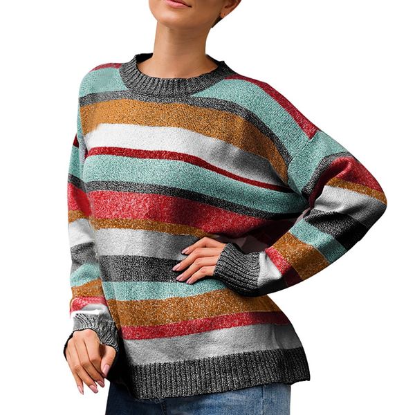 

autumn new sweater women pullover plus size rainbow sweater stripe long sleeve oversized blusas de inverno feminina 2019, White;black