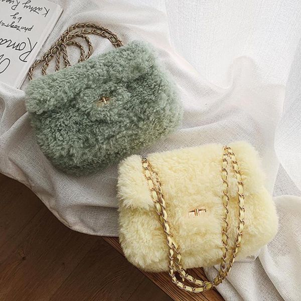 

elegant female square crossbody bag 2020 winter new quality soft plush women's handbag chain shoulder messenger bag