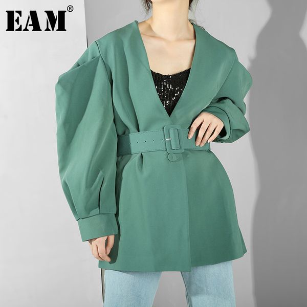 

eam] 2019 new autumn winter lapel long sleeve green loose waist bandage temperament jacket women coat fashion tide jl0830, Black;brown