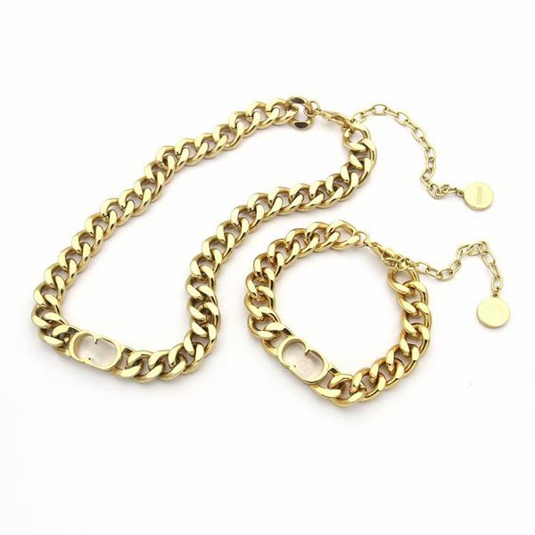 

europe america jewelry sets lady titanium steel engrave d letter 18k gold thick chain necklaces bracelets sets, Silver