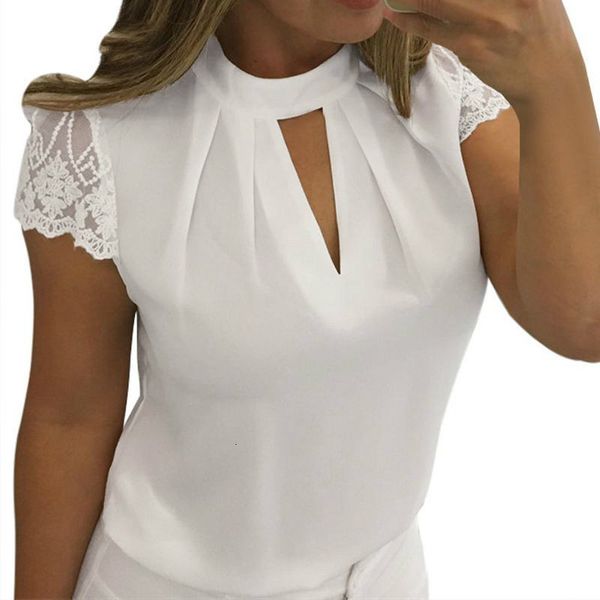 

women blouses summer casual hollow chiffon short sleeve splice lace blouse shirts blusas mujer plus size 3xl, White