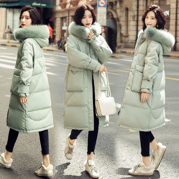 

large fur collar down jacket women's 2019 winter new style fashion green mid-length thick 90 white duck down coat fashion, Black;white