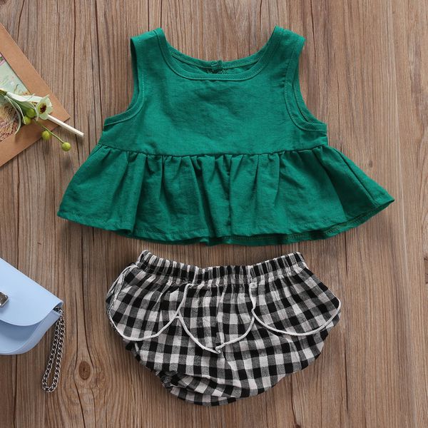 

newborn baby girls clothing sets cute lovely sleeveless cotton baby plaid shorts 2pcs outfits kids set summer clothes, White
