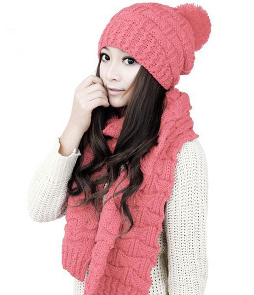 

warm knitted hat scarf suit sweater beanie solid color cap autumn winter hats for women girls rhombus pattern, Blue;gray