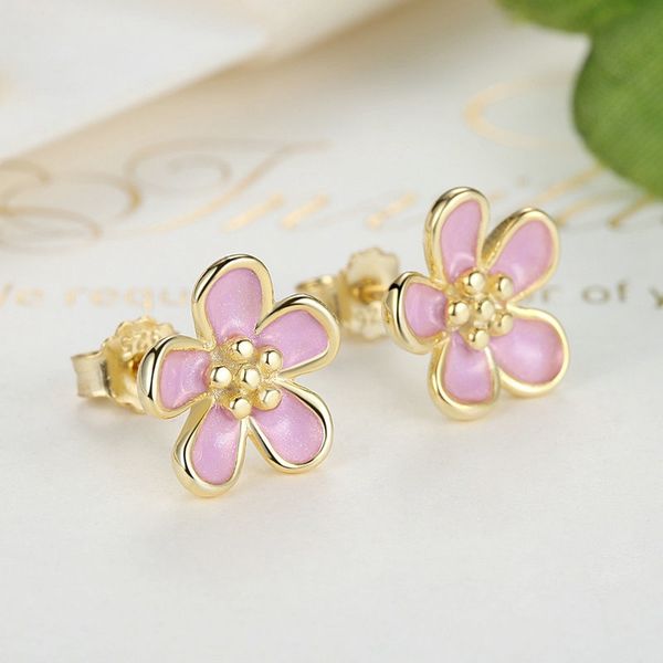 

wholesale-pink sakura ring luxury designer jewelry for pandora with original box plated 18k gold ladies earrings holiday gift, Golden;silver