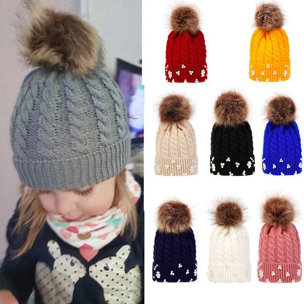 

Toddler Kids Baby Boys Girls Knitting Hat Fashion Warm Winter Pearl Knit Beanie Fur Pom Pom Crochet Ski Caps Kids Casual Hats