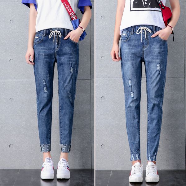

women skinny jeans high waist harem pants of ladies elastic waistband jeans blue loose women's jean large size boyfriend pants