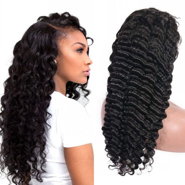 

brazilian virgin hair deep wave lace wigs 130% density unprocessed human hair lace front wigs with baby hair, Black;brown