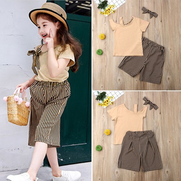 

дети девушка принцесса комплект одежды случайные дети девочка лето с коротким рукавом голые топы футболка полосатые шорты, White