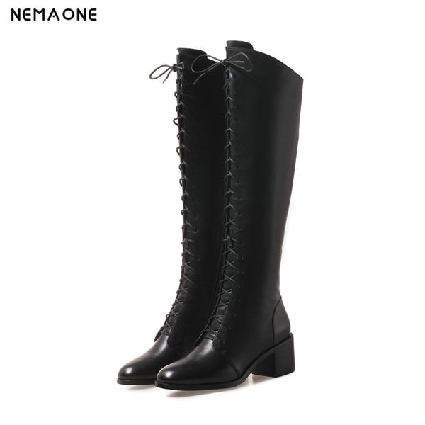 

nemaone genuine leather boots women lace up square high heel knee high boots ladies dress motorcycle large size 34-42, Black