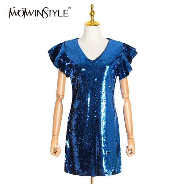 

twotwinstyle sequin party dress for female v neck butterfly sleeve high waist slim mini dresses women clothing 2020 fashion, Black;gray