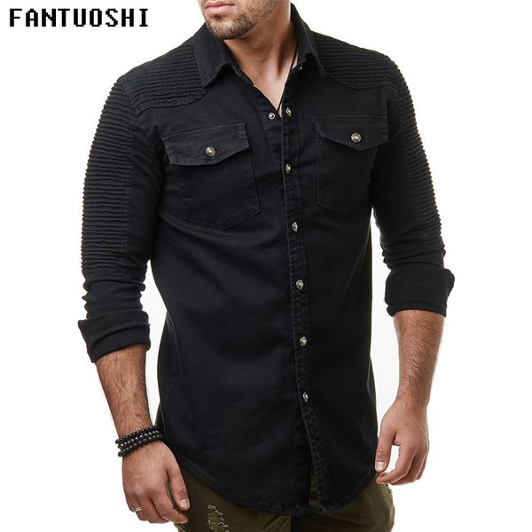 

spring autumn 2018 new men shirt long sleeve male shirt cotton solid color fold mens shirts casual slim fit men coat black 3xl, White;black