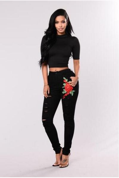 

2019 foreign trade amazon wish black embroidery elasticity with holes jeans women's, Blue