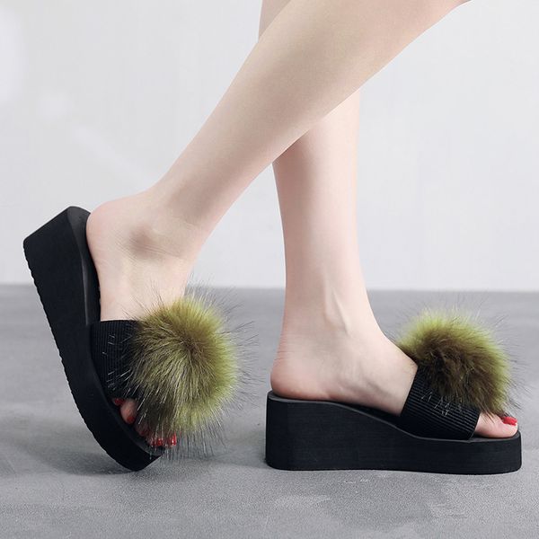 

multicolor plush women wedge slippers increase slides non-slip flops shoes scandals indoor outdoor slippers 2020, Black