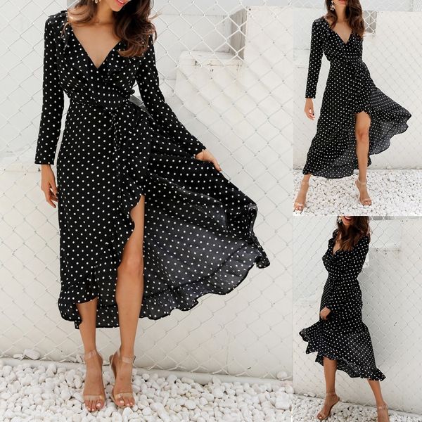 

dress women elegant ruffles irregular polka dots printed dark v neck long sleeve dress holiday couple dating ladies dresses, Black;gray