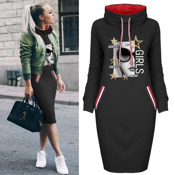 

new arrival women autumn hoodie dresses fashion diy dresses with printed casual ladies dresses with hooded size s-3xl