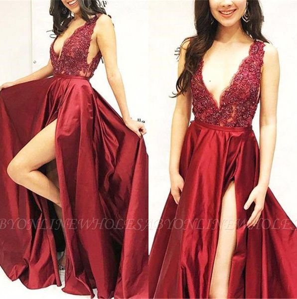 

2019 red satin long a line prom dresses v neck neck beaded stones high split formal party evening gowns robes de soirÃ©e bc1899, Black