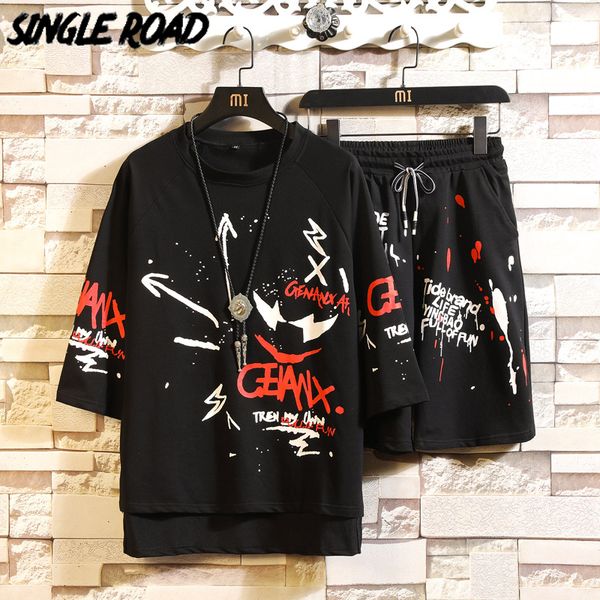 

singleroad мужская японская streetwear наборы men 2020 летняя футболка шорты мужчины аниме hip hop punk tracksuit корейский одежда мужская, Gray
