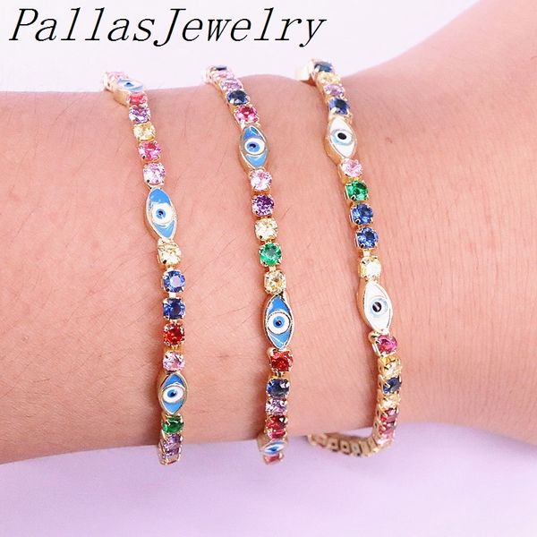 

10pcs rainbow cz paved tennis zirconia chain enamel blue eye lucky charm elegance women bracelet jewelry, Golden;silver
