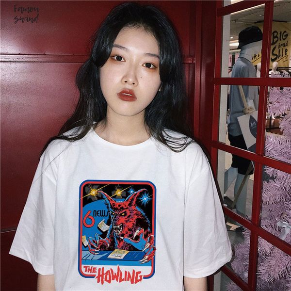 

tshirt howling print petal sleeve vintage new short sleeve lets summer demons summer graphic harajuku tumblr t shirt women, White