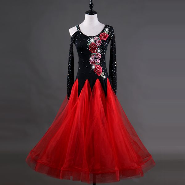 

new red ladies modern stage competition dress long ballroom dance costume embroidery waltz dancing dresses, Black;red