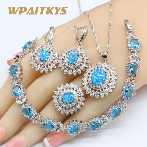 

925 silver blue opal jewelry sets for women necklace pendant earrings rings sky blue crystal zirconia bracelets, Slivery;golden