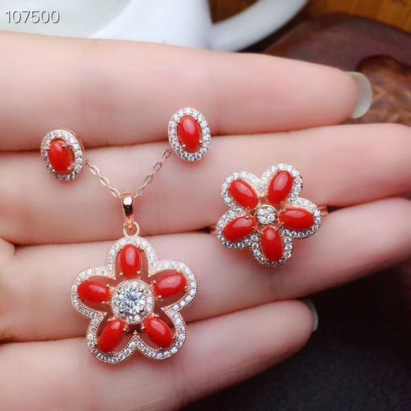 

fashion natural red coral ring earrings and necklace jewelry set with silver for women, Black