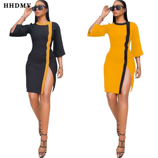 

hhdmv spring women 2020 new high street style short dresses seven points sleeve round neck open fork mini short dresses, Black;gray