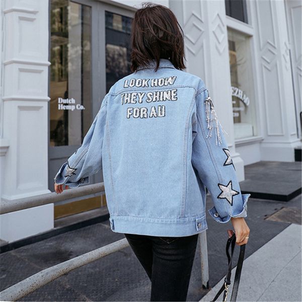 

handmade star sequined diamond jean jacket women fashion letter embroidery tassel denim jacket autumn coat high quality, Black;brown
