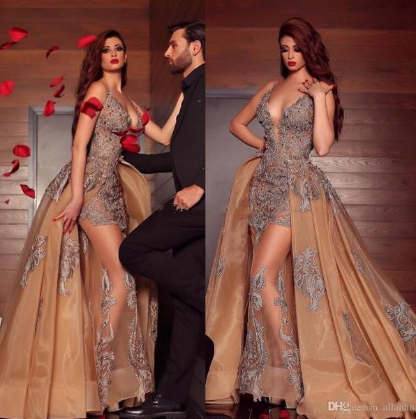 

2019 arabic mermaid prom dresses with detachable train deep v neck lace appliqued beaded organza formal party evening dress, Black