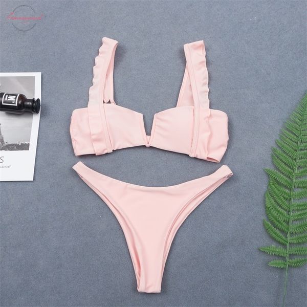 

vintage female solid ruffle swimsuit high cut bikini women v shape bra swimwear two pieces bikini set bather brazilian bathing suits, White;black